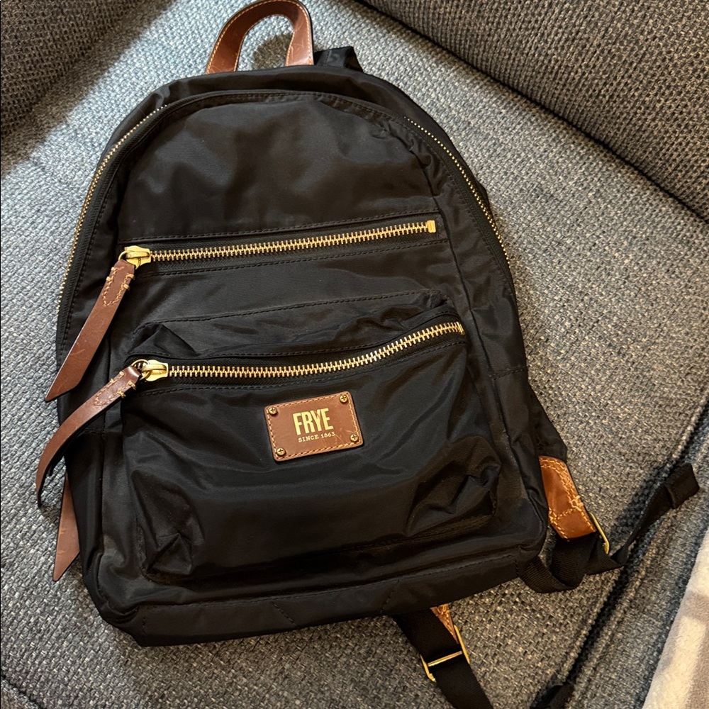 Frye Black and Brown Backpack with Gold Zippers full size